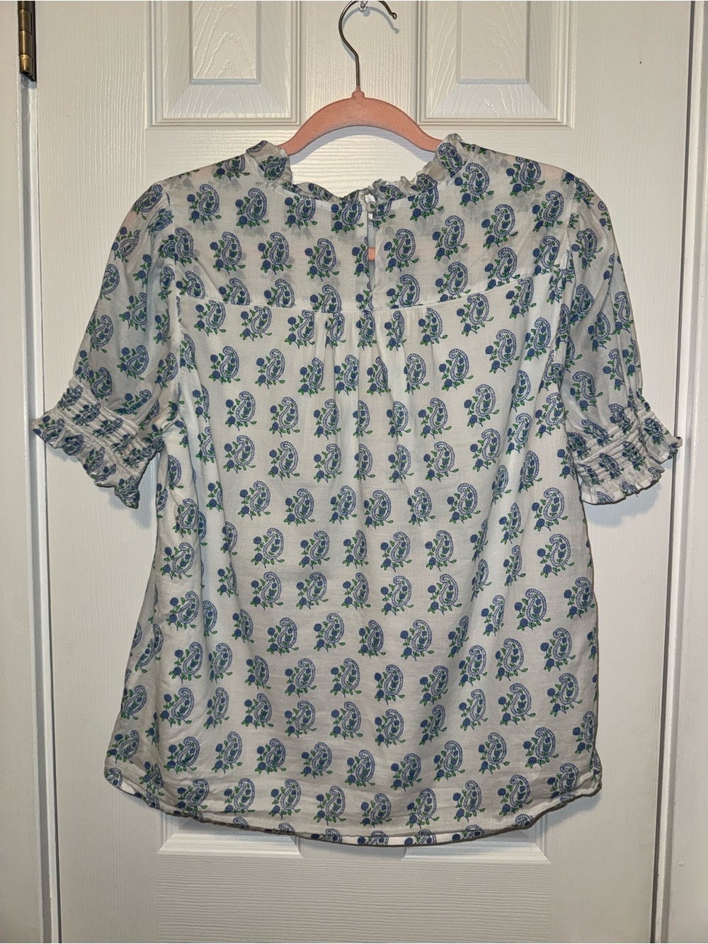 J. Crew White Blouse with Blue Floral Print and Ruffle Neck - Picture 5 of 8